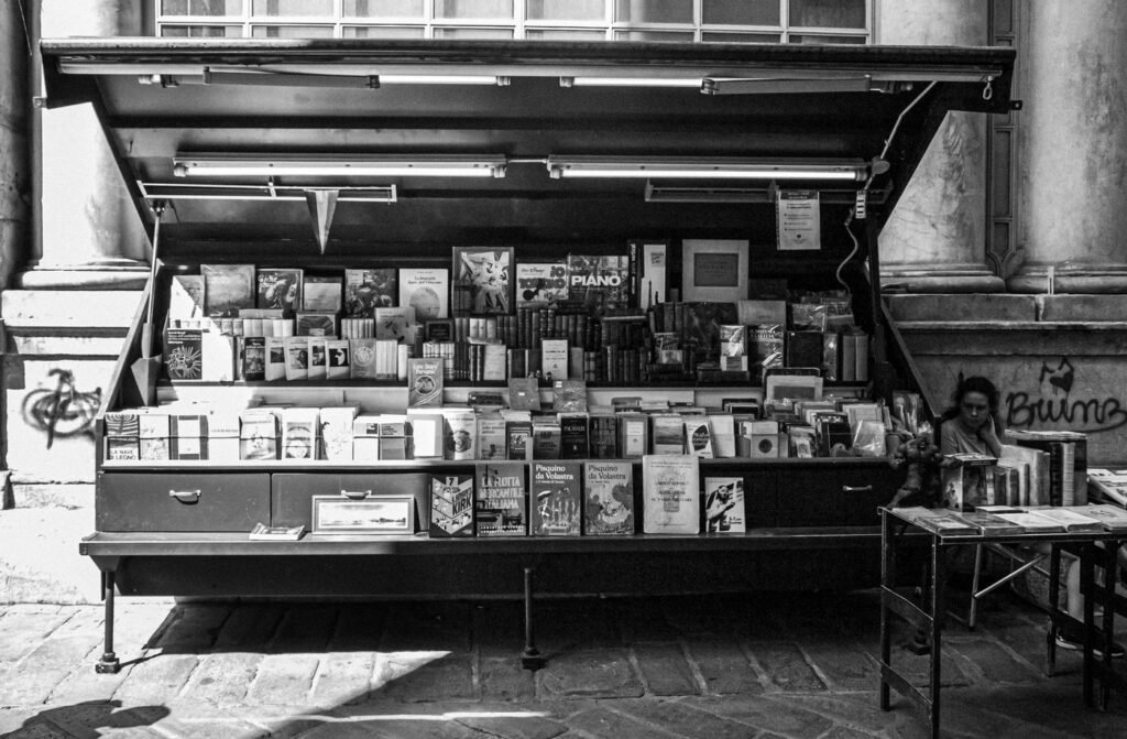 A street bookstall stacked with second-hand books