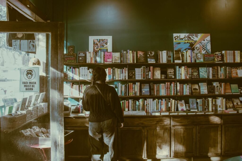 Shelves inside a bookshop