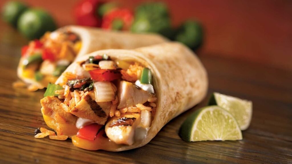 A burrito cut in half