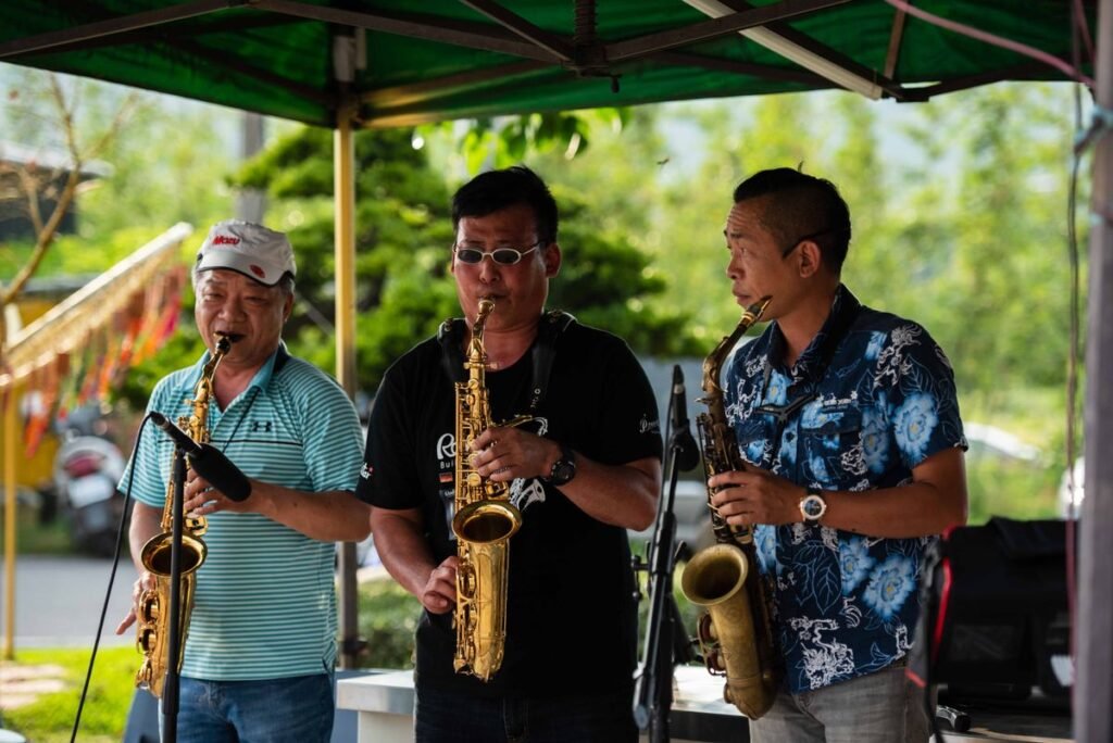 A saxophone player performing live