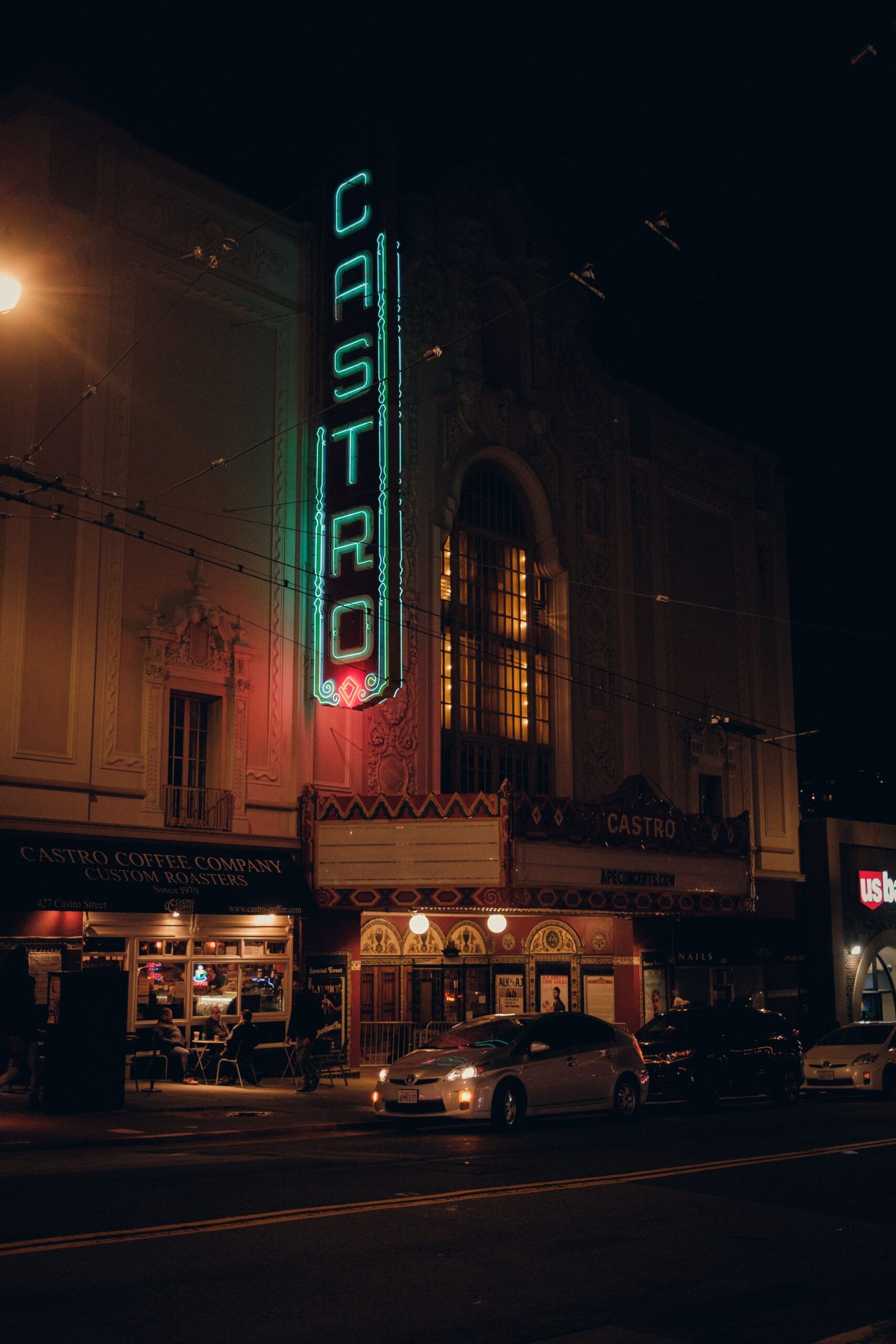 The neon marquee of the Castro Theatre lit up at night, Castro, San Francisco
