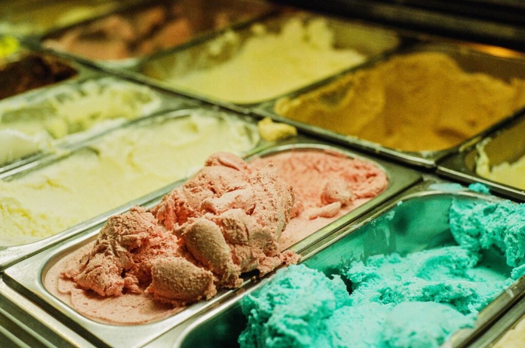 Trays of ice cream flavors on display
