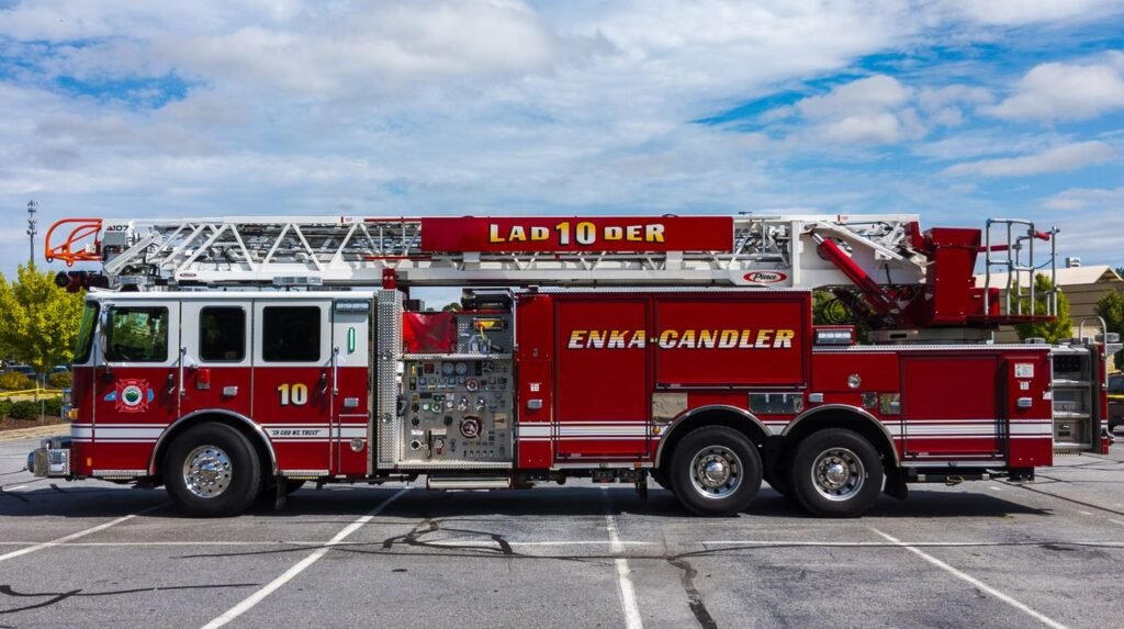 A red fire truck parked in an outdoor lot under a bright sky