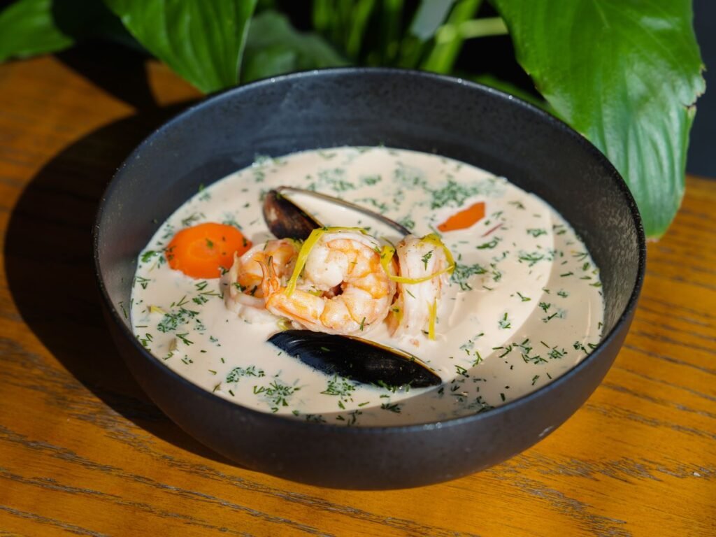 A bowl of creamy seafood chowder
