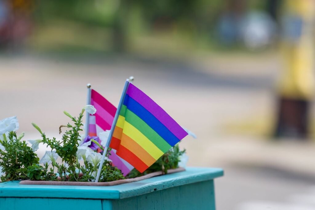 A pride flag flying outdoors