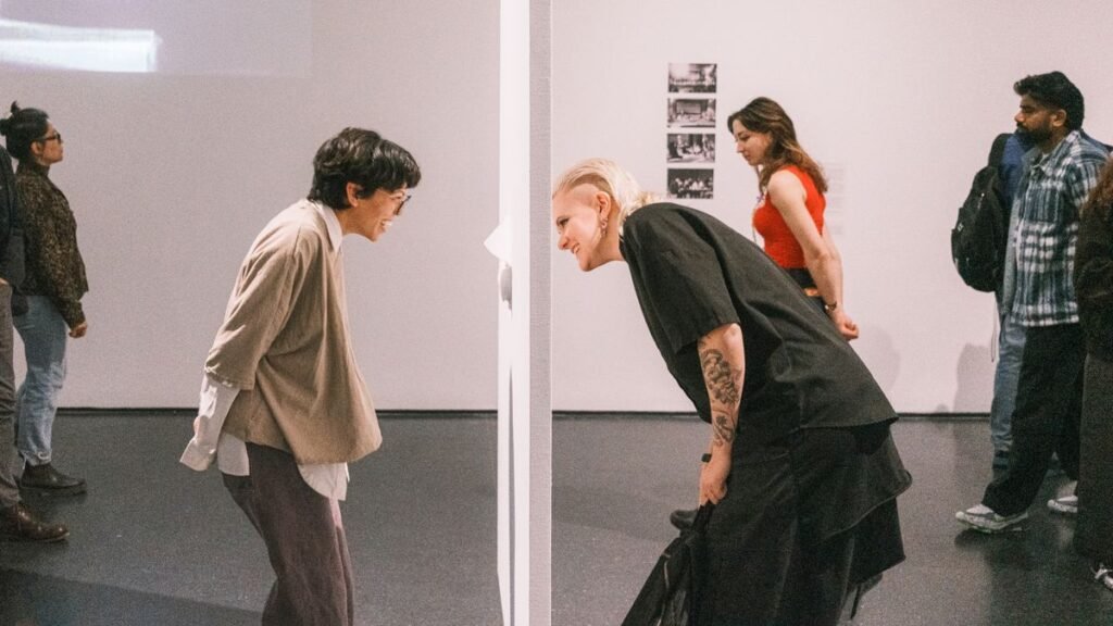 Visitors exploring an art installation