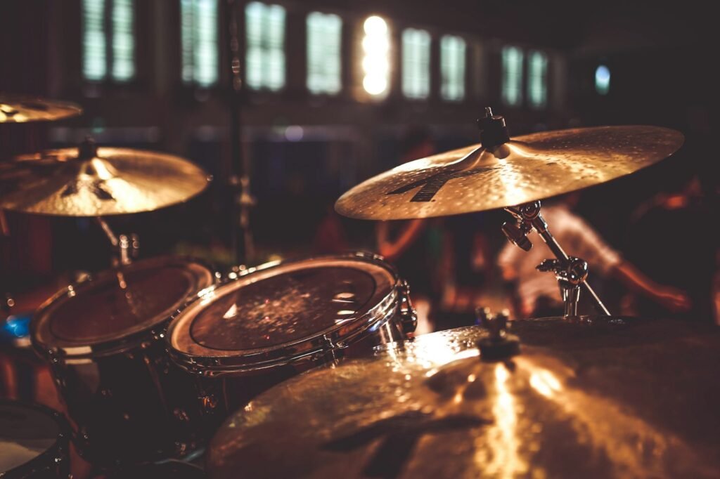 Jazz drum kit and cymbals in warm light