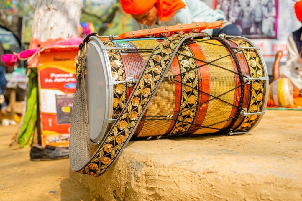 Decorated dhol drum used in bhangra