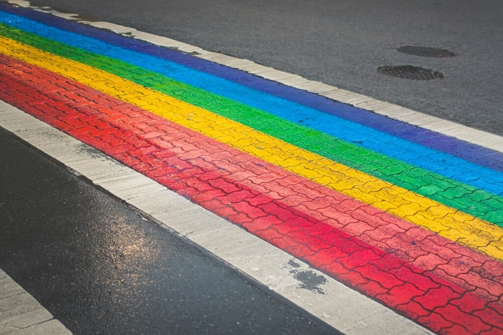 Rainbow crosswalk on a city street