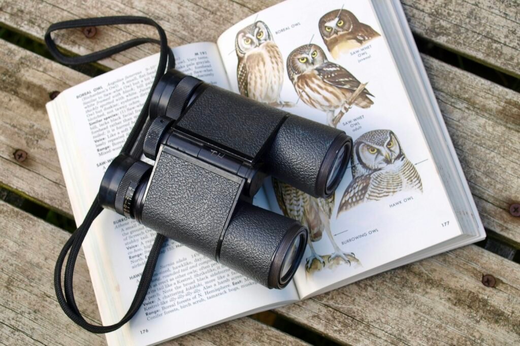 Binoculars resting on an open bird field guide showing owls
