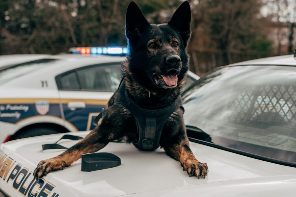 Police K9 dog in a harness resting its paws on the hood of a patrol car