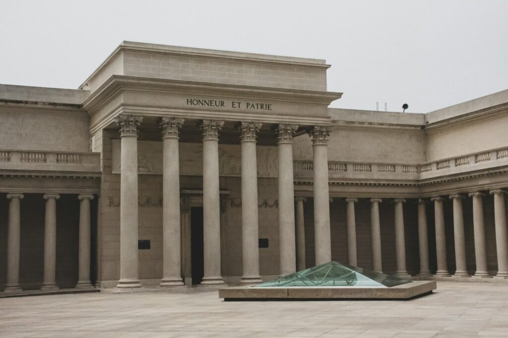 The colonnade and glass pyramid skylight of the Legion of Honor museum in San Francisco.