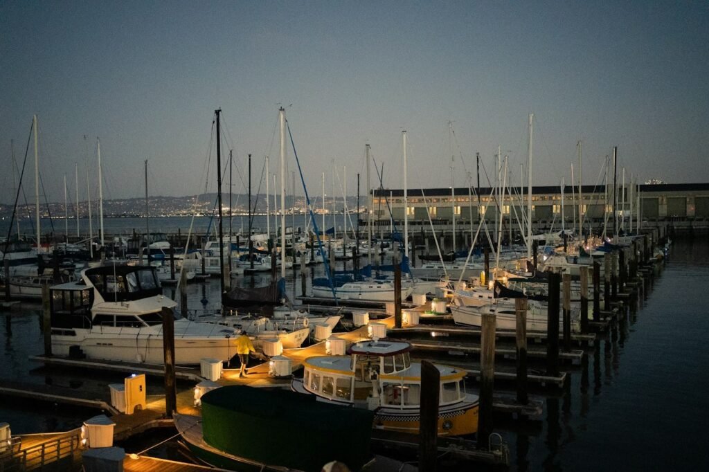 Rows of boats and sailboats moored at a marina at dusk.