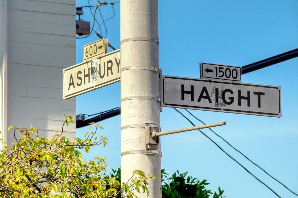 Haight and Ashbury street signs on a pole against a blue sky in San Francisco.