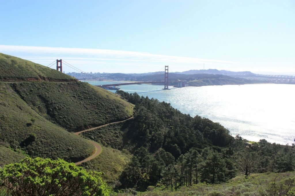 The Golden Gate Bridge and bay seen from the green hills of the Marin Headlands.