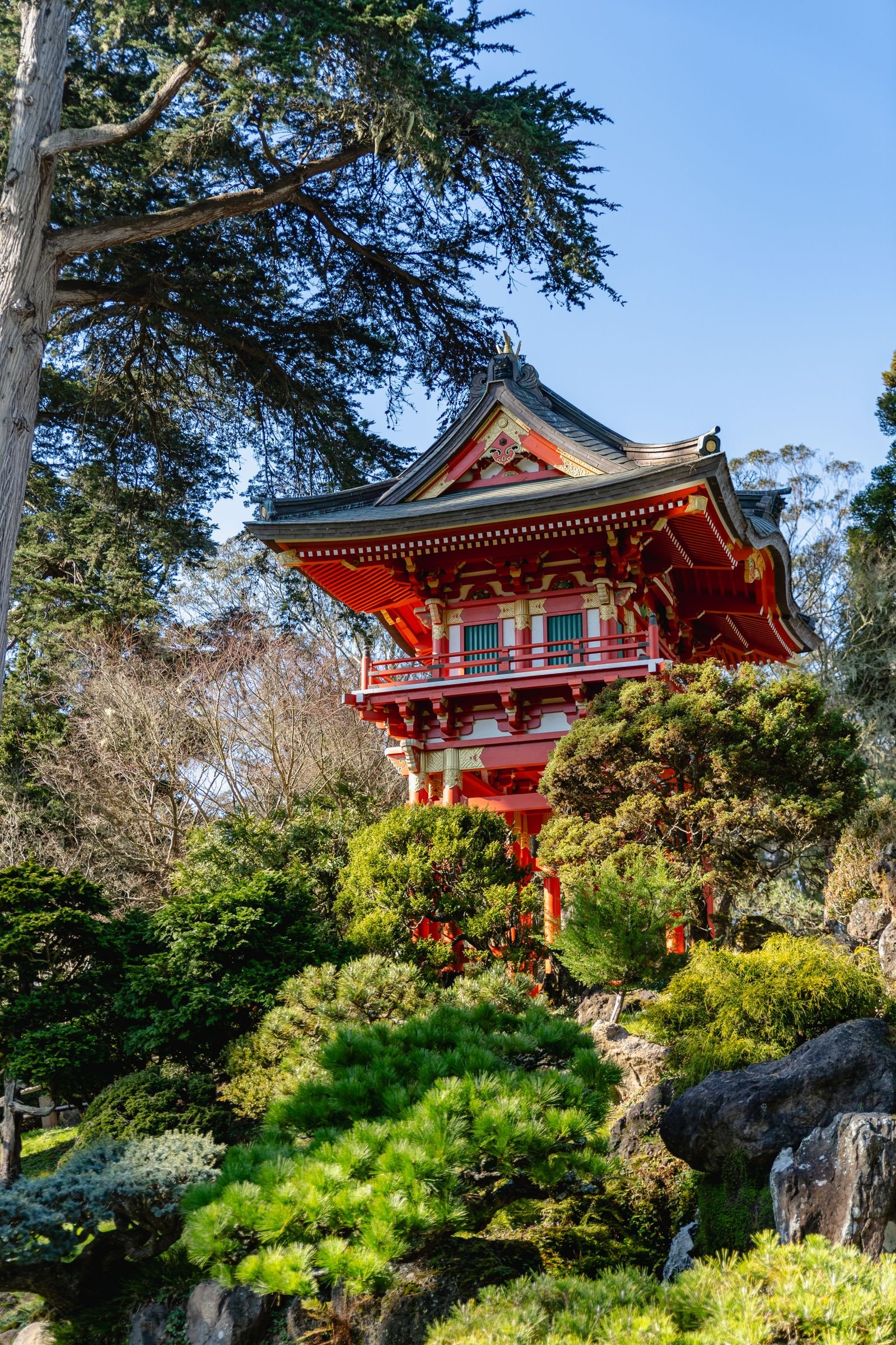 A red pagoda in the Japanese Tea Garden, Golden Gate Park.