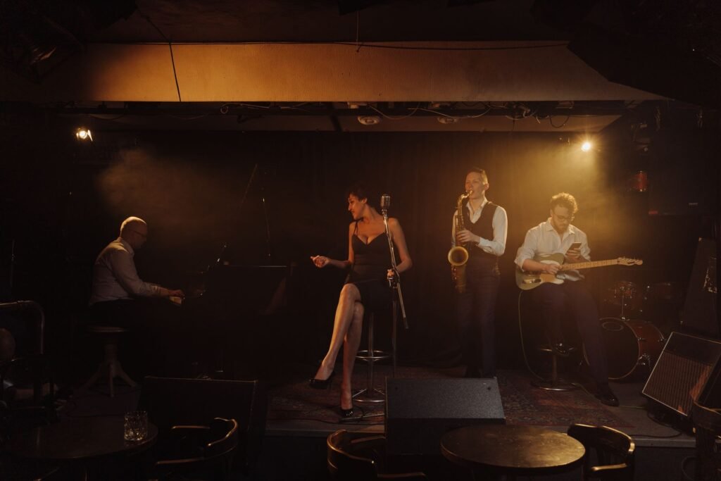 A jazz band with a singer performing on stage.