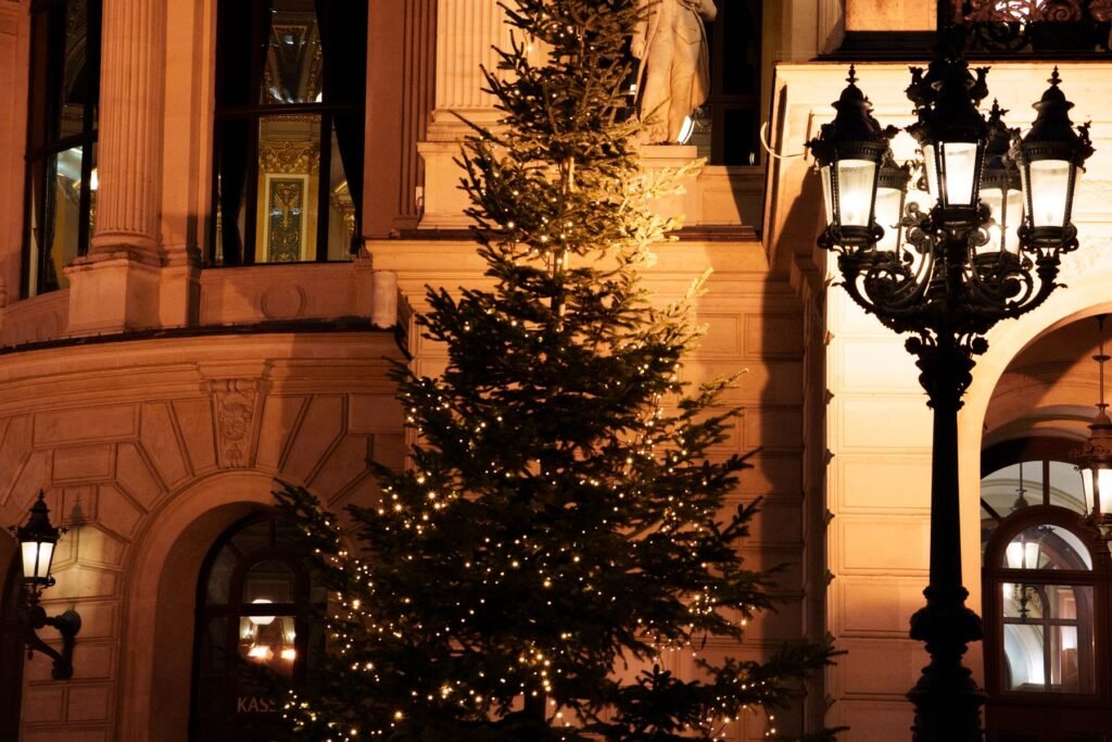 A decorated Christmas tree lit up on a city street at night.
