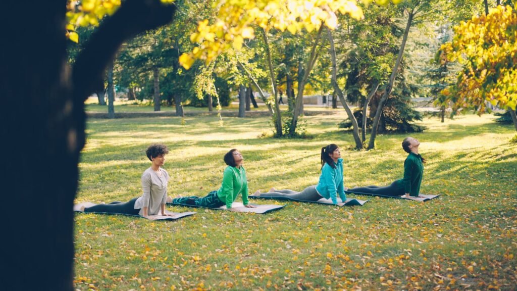 An outdoor yoga class on a lawn in a park.