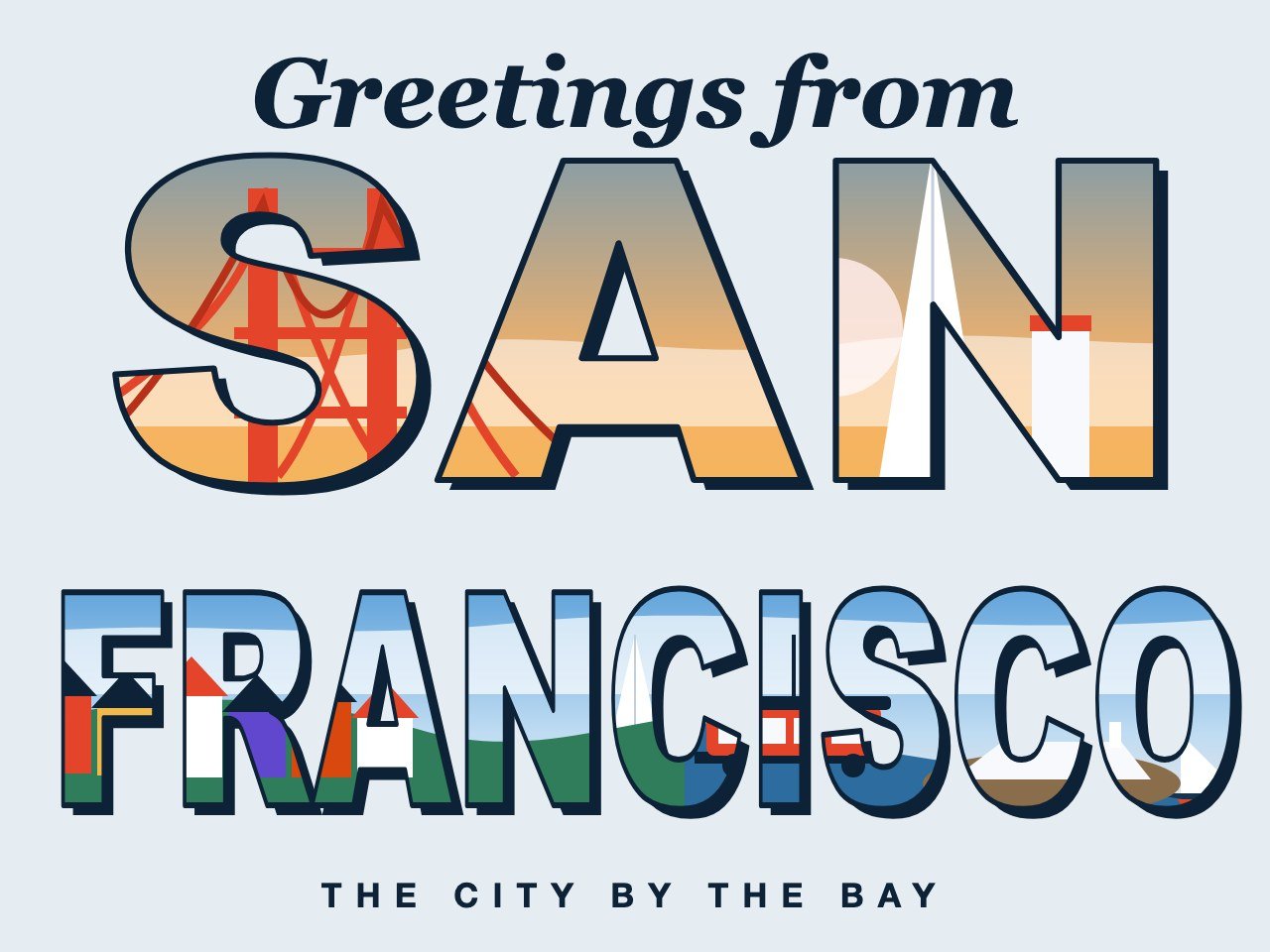 Vintage large-letter postcard reading Greetings from San Francisco, with the Golden Gate Bridge, a Transamerica Pyramid, Victorian houses, a cable car and Alcatraz drawn inside the letters
