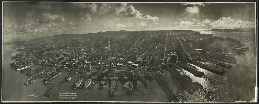 San Francisco in ruins in 1906, seen from the Lawrence Captive Airship 2,000 feet above the waterfront