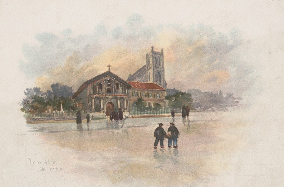 A colour print of Mission Dolores in San Francisco, published about 1895, with the old chapel and the church tower behind it