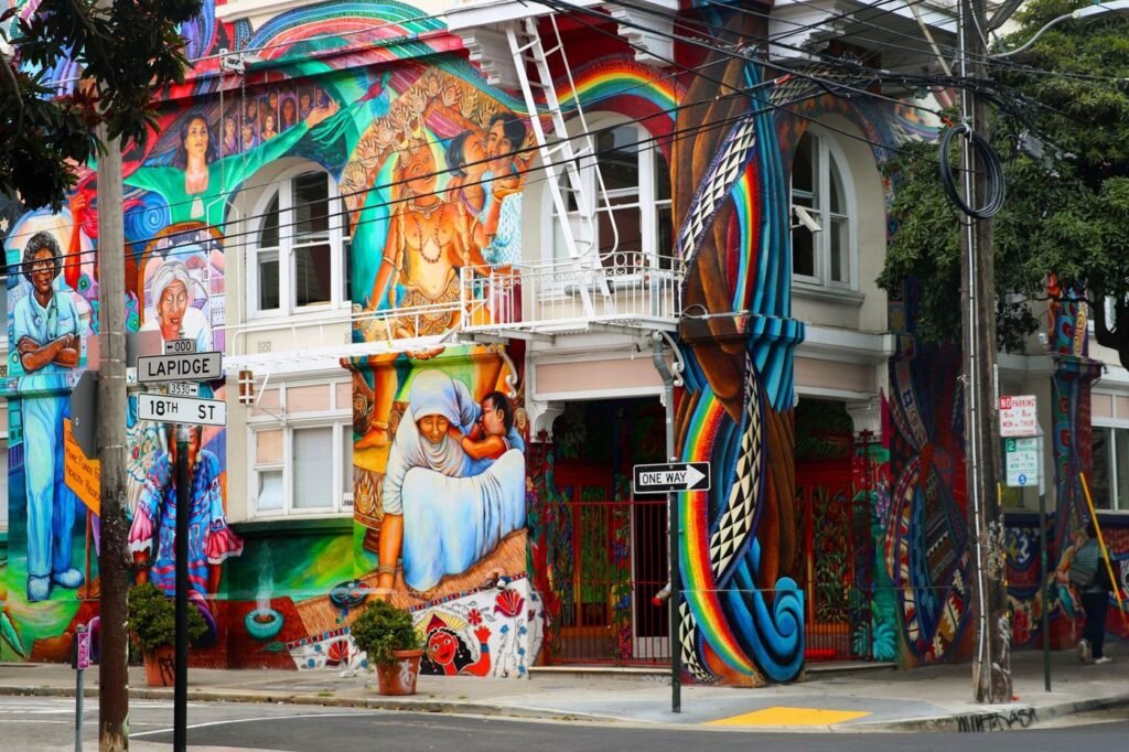 Colorful murals covering the Women's Building at 18th and Lapidge streets in San Francisco's Mission District.
