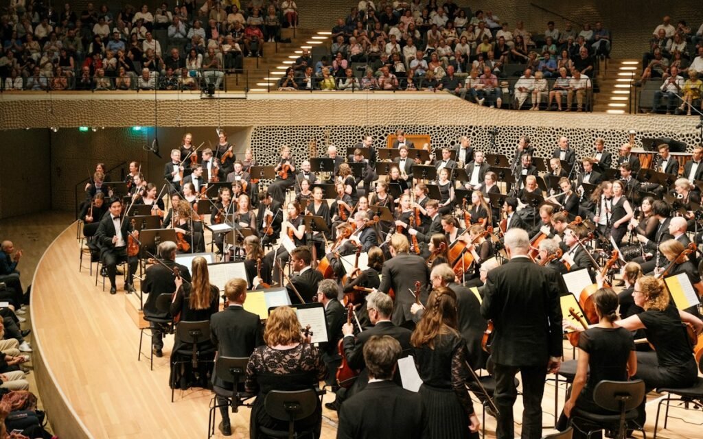A conductor seen from behind leading a full orchestra in a concert hall