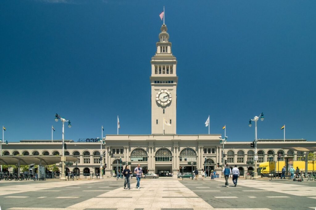 The Ferry Building clock tower and plaza in San Francisco