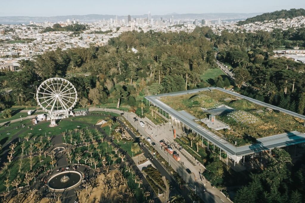 Aerial view of Golden Gate Park with the green living roof of the science museum and a Ferris wheel