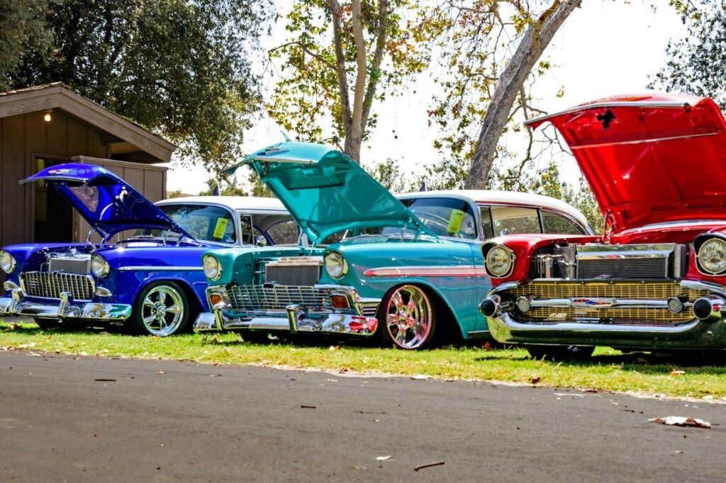 Classic 1950s cars with raised hoods parked on grass at an outdoor car show