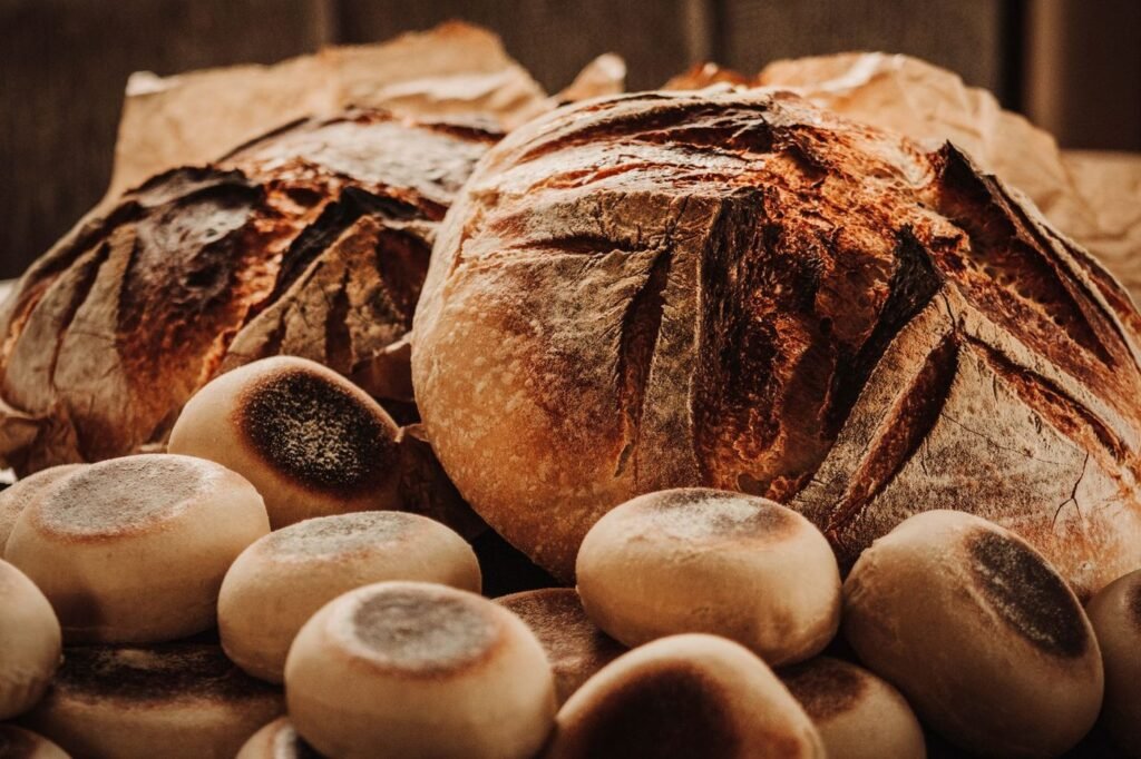 Rustic crusty sourdough loaves and rolls