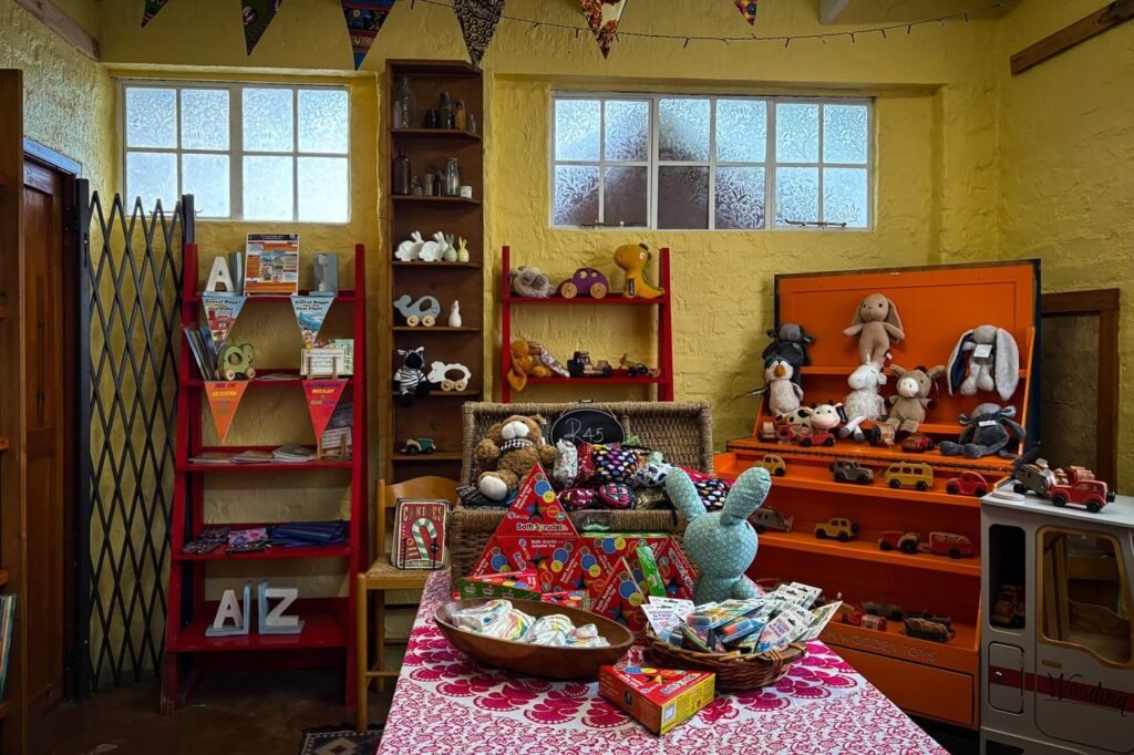 Vintage-style shop room with old-fashioned toys and retro decor