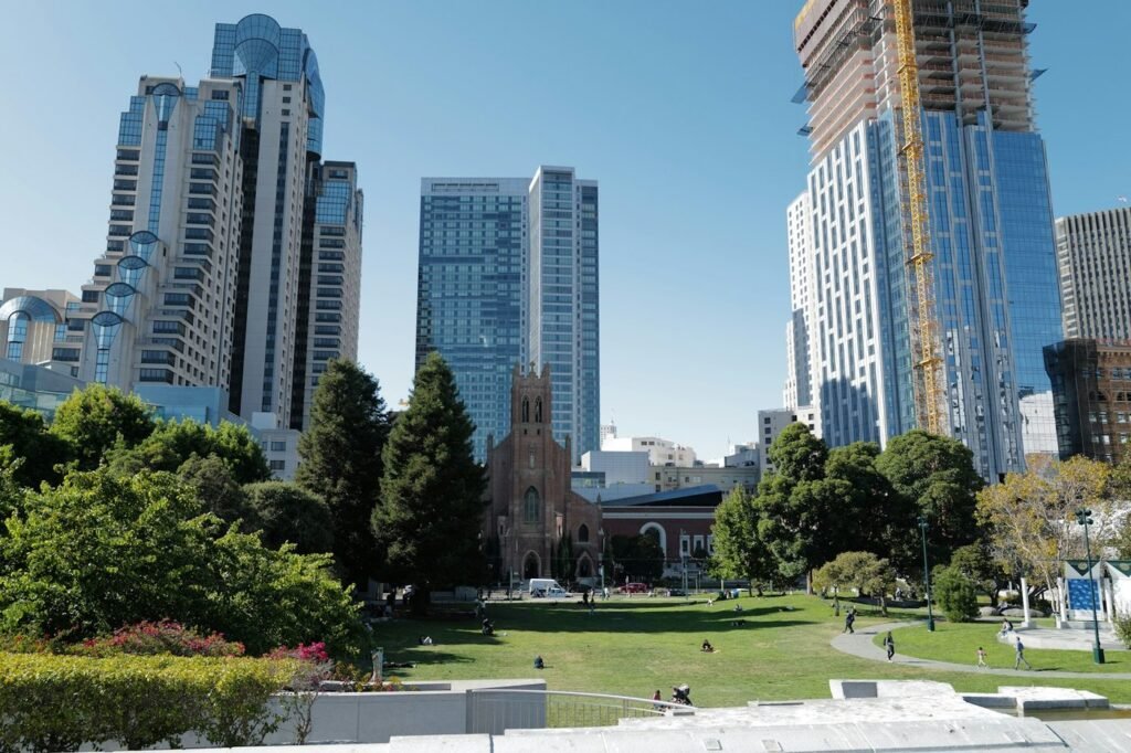 Yerba Buena Gardens lawn below SoMa towers