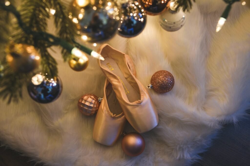 Ballet pointe shoes with Christmas ornaments