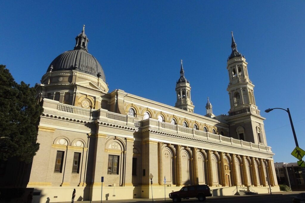 St. Ignatius Church in San Francisco, with its dome and twin bell towers against a blue sky